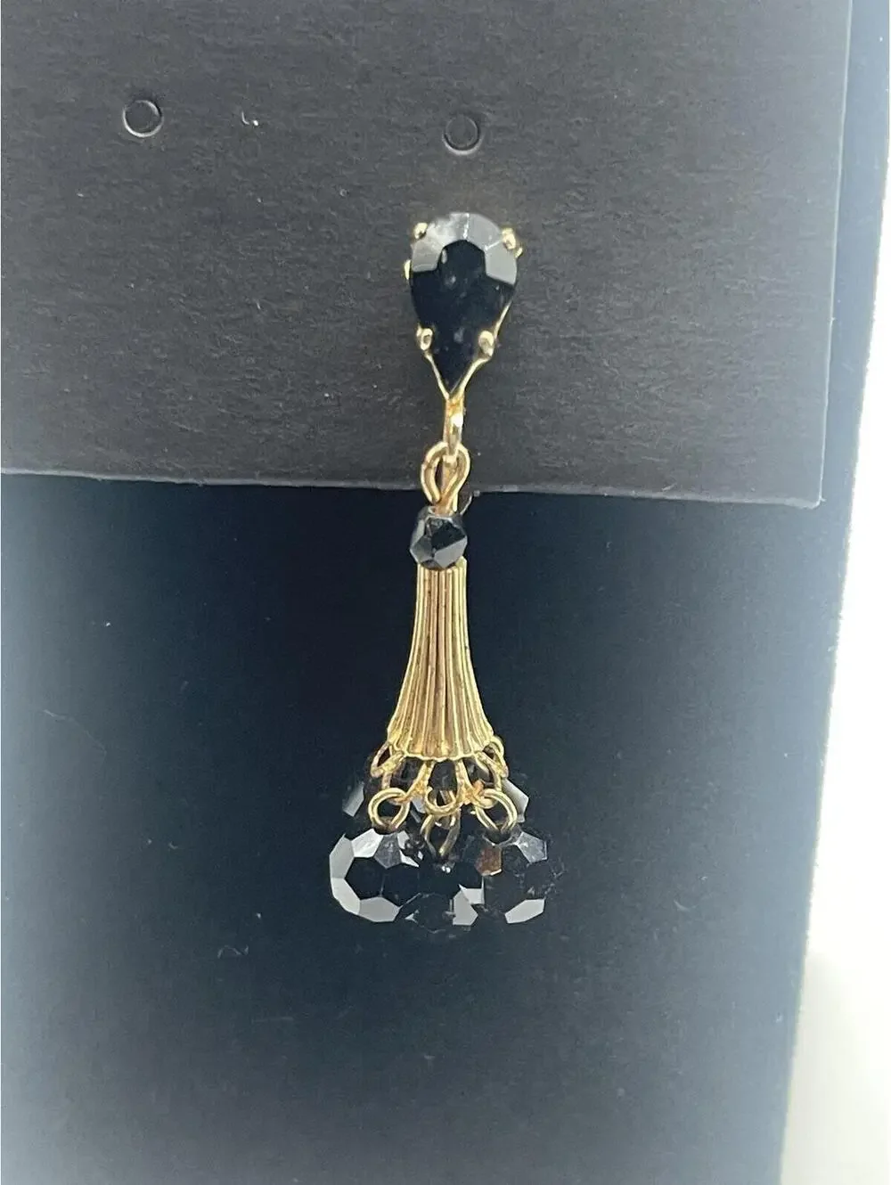 Vintage Art Deco Style Gold and Black Beaded Drop Single Clip-on Earring 1960s